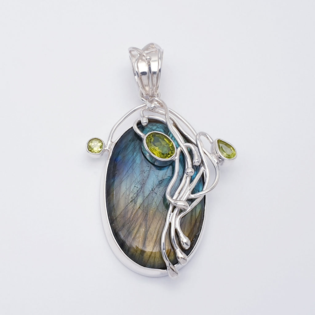 One-Off Labradorite and Peridot Sterling Silver Kusamba Pendant