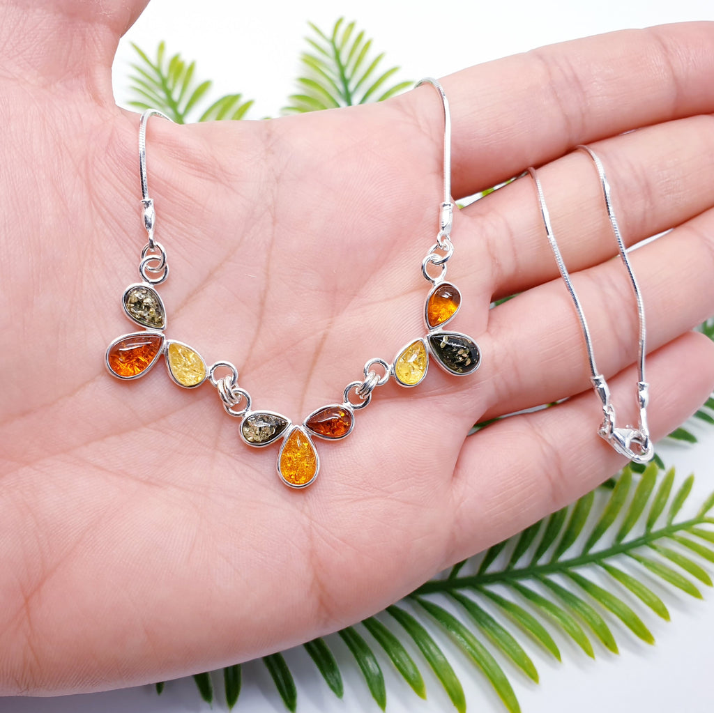 Toffee, Green or Mixed Amber Sterling Silver Triple Leaf Necklace