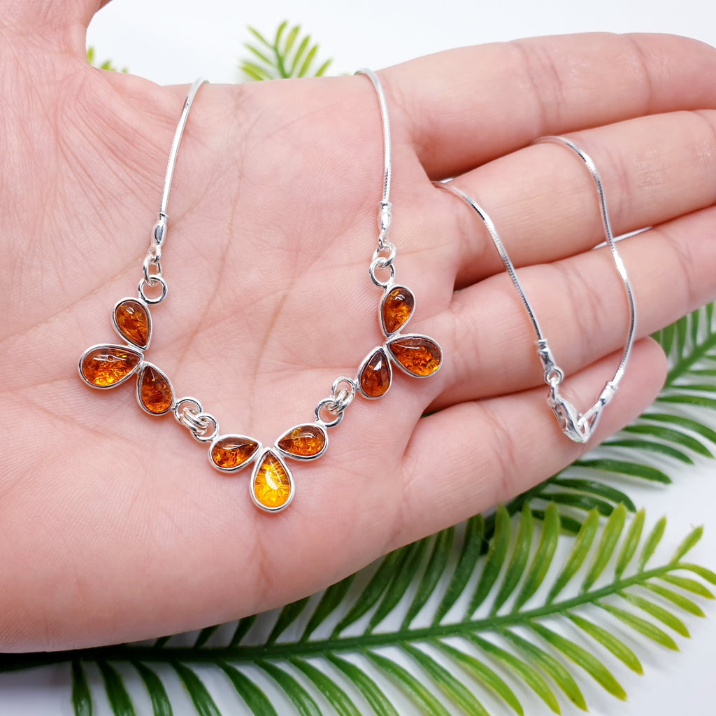 Toffee, Green or Mixed Amber Sterling Silver Triple Leaf Necklace