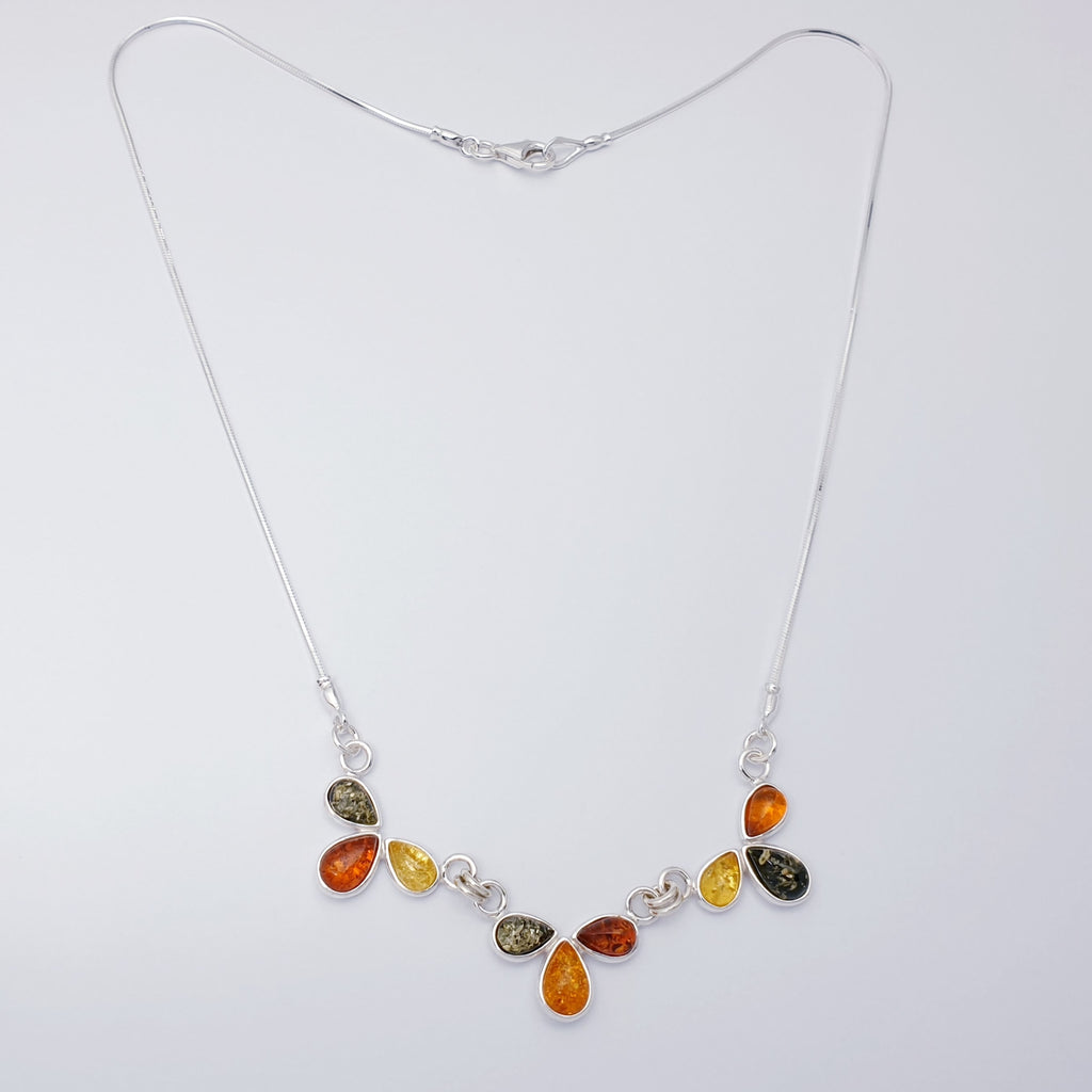 Toffee, Green or Mixed Amber Sterling Silver Triple Leaf Necklace