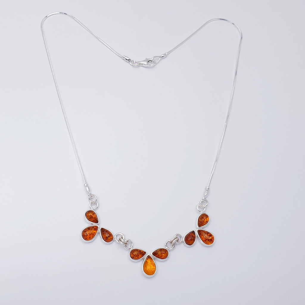 Toffee, Green or Mixed Amber Sterling Silver Triple Leaf Necklace