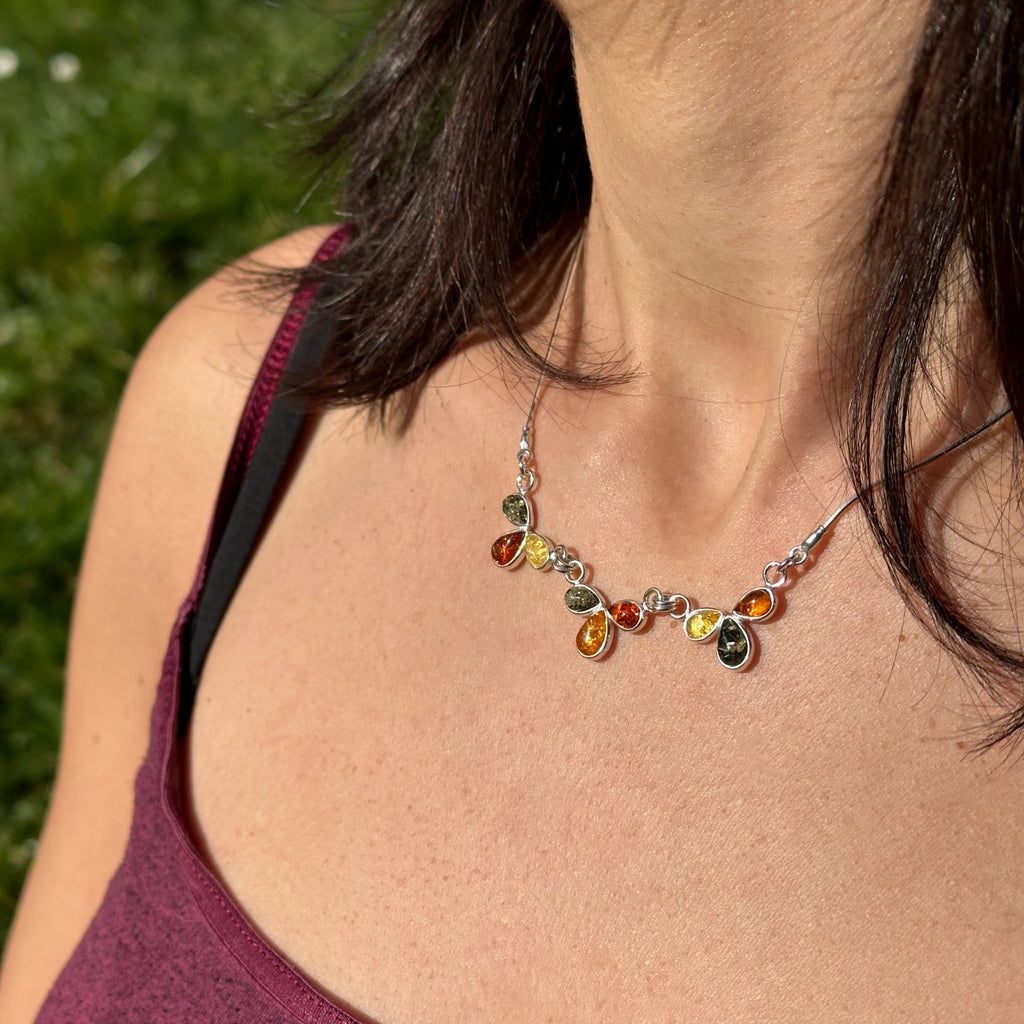 Toffee, Green or Mixed Amber Sterling Silver Triple Leaf Necklace