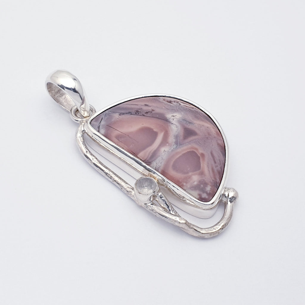 Porcelain Jasper and Moonstone Sterling Silver Free Form Pendant