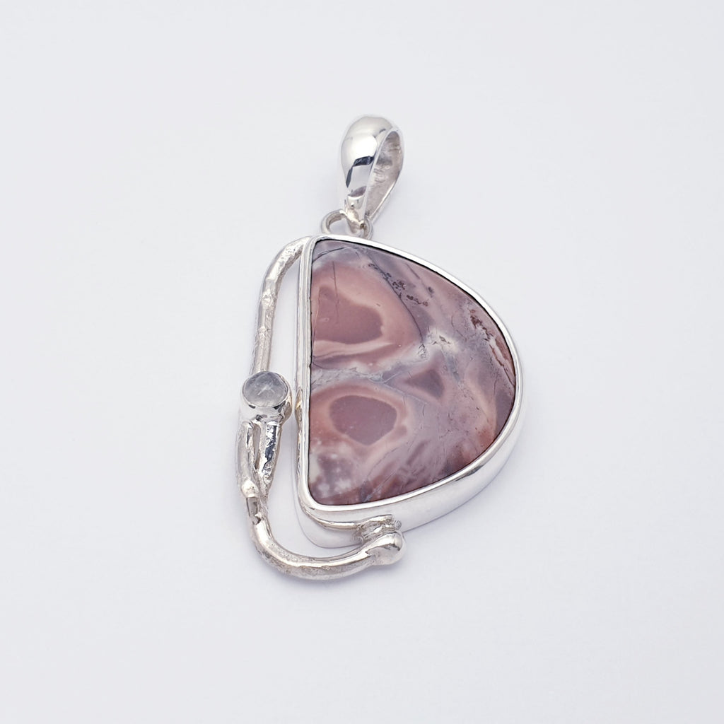 Porcelain Jasper and Moonstone Sterling Silver Free Form Pendant