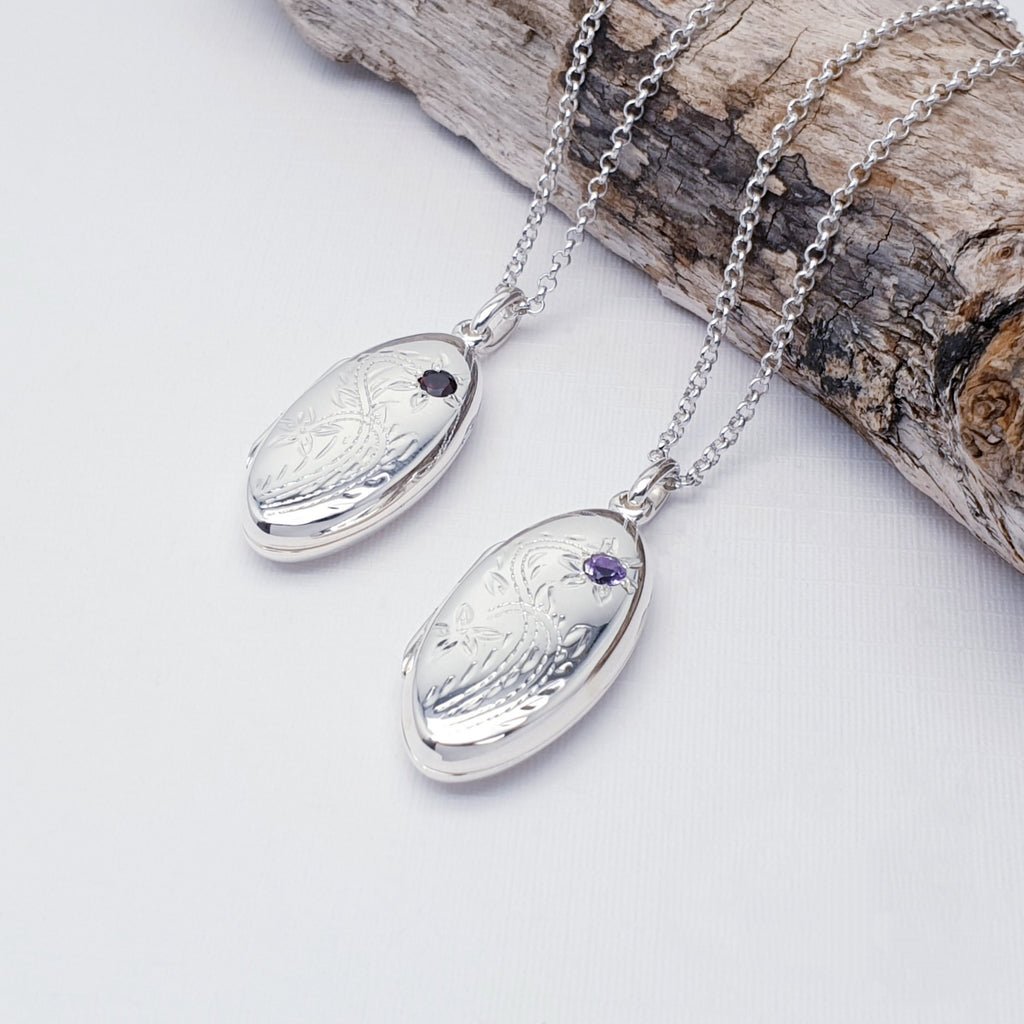 Amethyst or Garnet Sterling Silver Oval Floral Locket