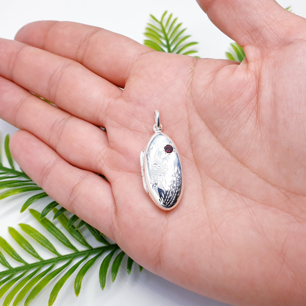 Amethyst or Garnet Sterling Silver Oval Floral Locket