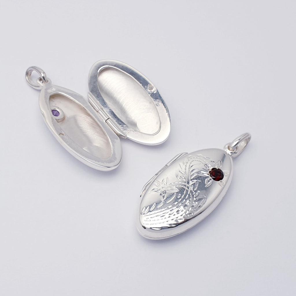 Amethyst or Garnet Sterling Silver Oval Floral Locket