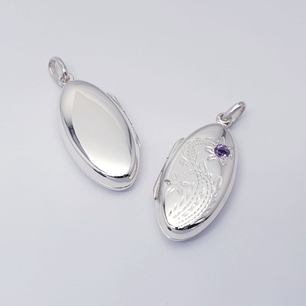 Amethyst or Garnet Sterling Silver Oval Floral Locket