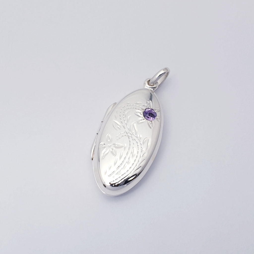 Amethyst or Garnet Sterling Silver Oval Floral Locket