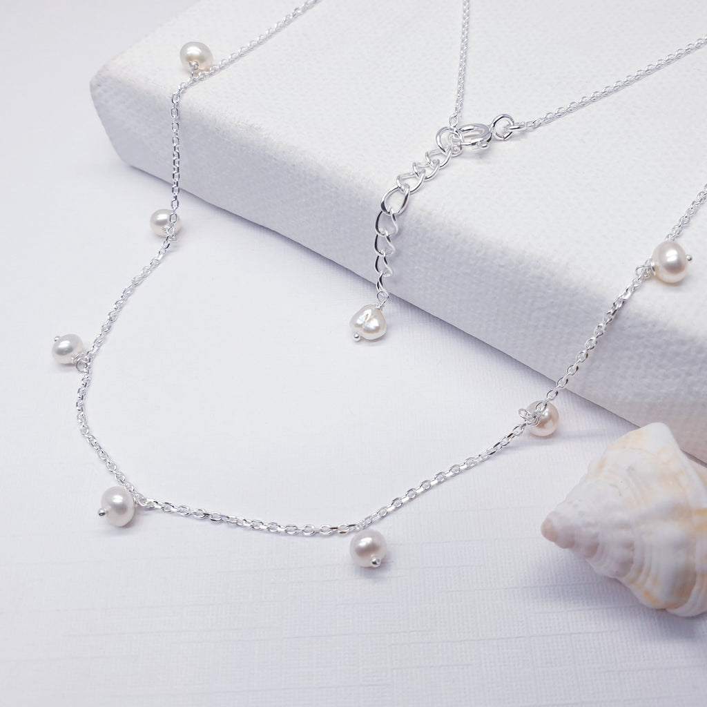 Pearl Sterling Silver Droplet Necklace 16"-17"