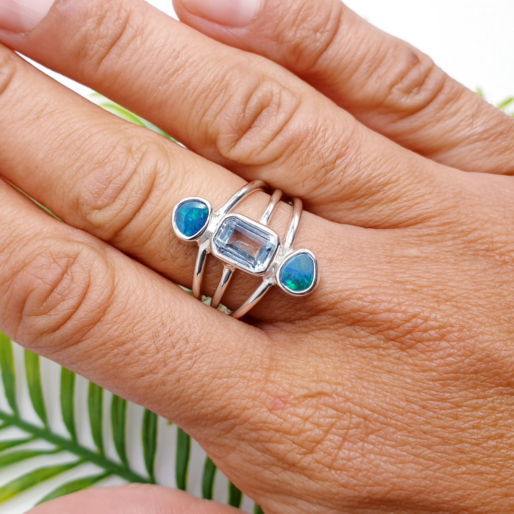 Opal and Blue Topaz Sterling Silver Concordia Ring - Size N