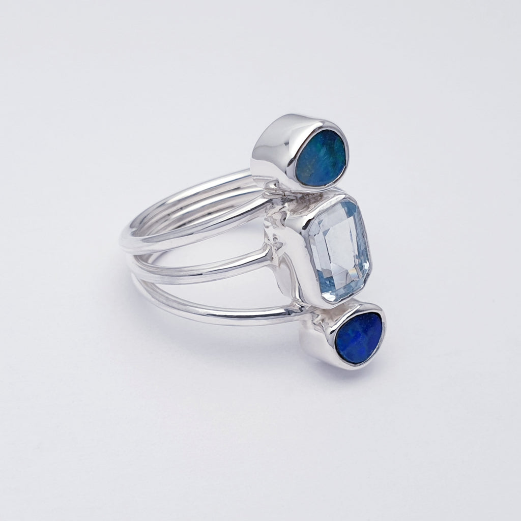 Opal and Blue Topaz Sterling Silver Concordia Ring - Size N