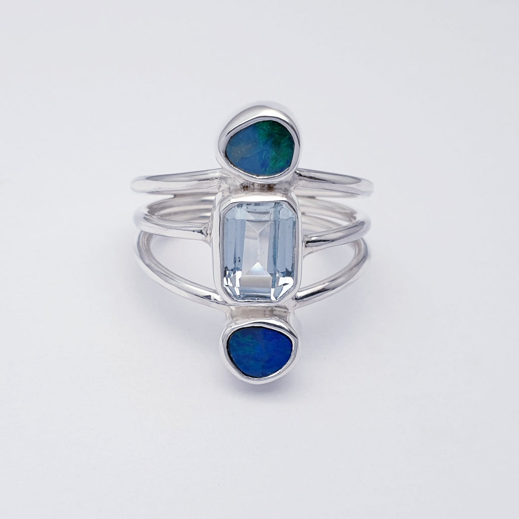 Opal and Blue Topaz Sterling Silver Concordia Ring - Size N