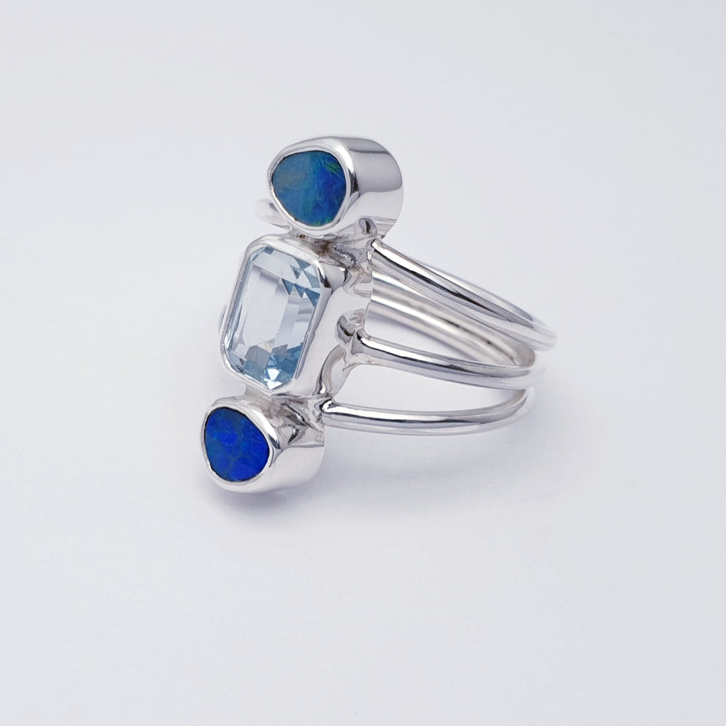 Opal and Blue Topaz Sterling Silver Concordia Ring - Size N