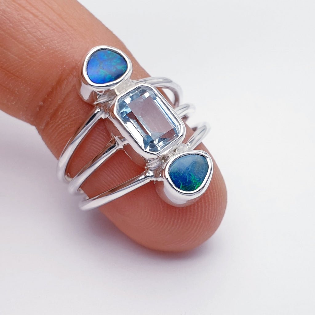 Opal and Blue Topaz Sterling Silver Concordia Ring - Size N