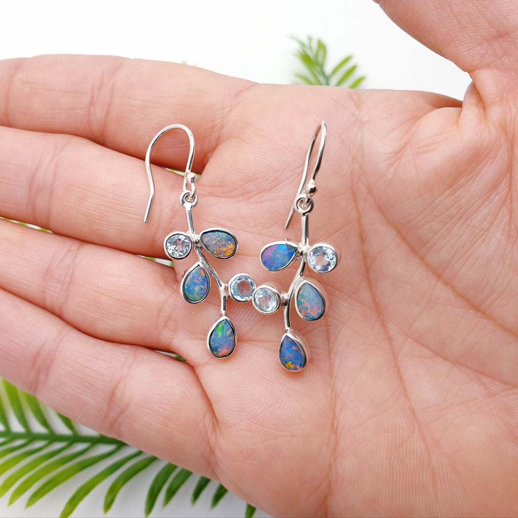 Opal and Blue Topaz Sterling Silver Summer Berry Earrings