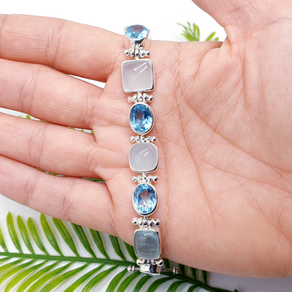 Aquamarine and Blue Topaz Sterling Amore Bracelet - Adjustable 7"-8.5"