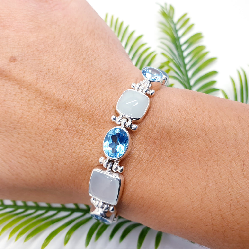 Aquamarine and Blue Topaz Sterling Amore Bracelet - Adjustable 7"-8.5"