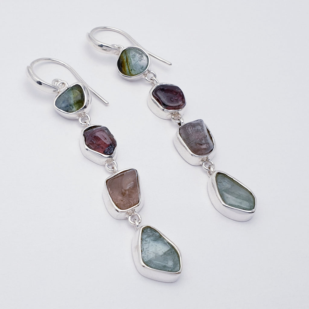 One-Off Mixed Tourmaline Sterling Silver Multistone Earrings