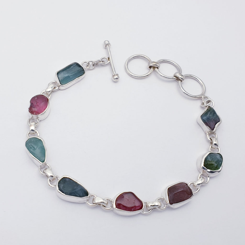 One-Off Mixed Tourmaline Sterling Silver Multistone Bracelet - Adjustable 7"-8"