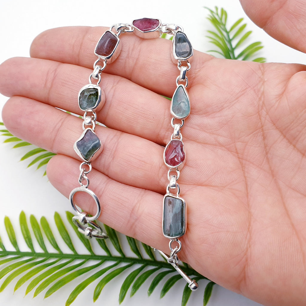 One-Off Mixed Tourmaline Sterling Silver Multistone Bracelet - Adjustable 7"-8"