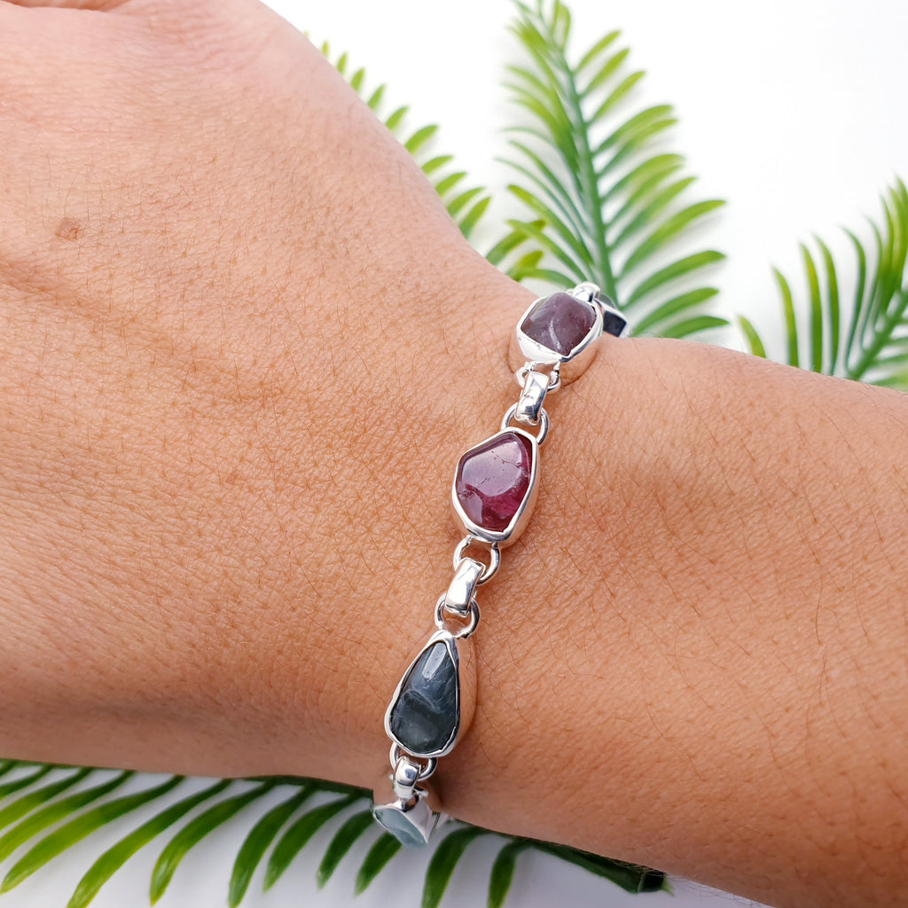 One-Off Mixed Tourmaline Sterling Silver Multistone Bracelet - Adjustable 7"-8"