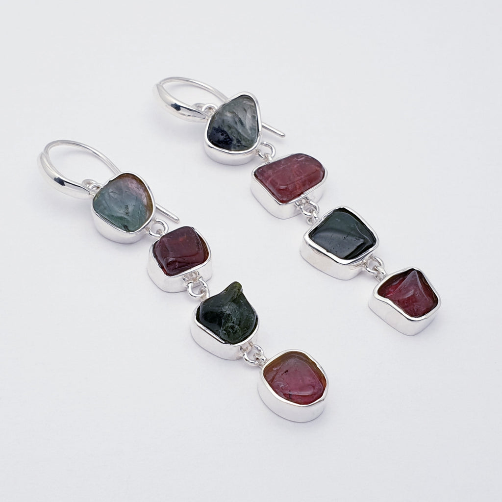 One-Off Mixed Tourmaline Sterling Silver Multistone Earrings