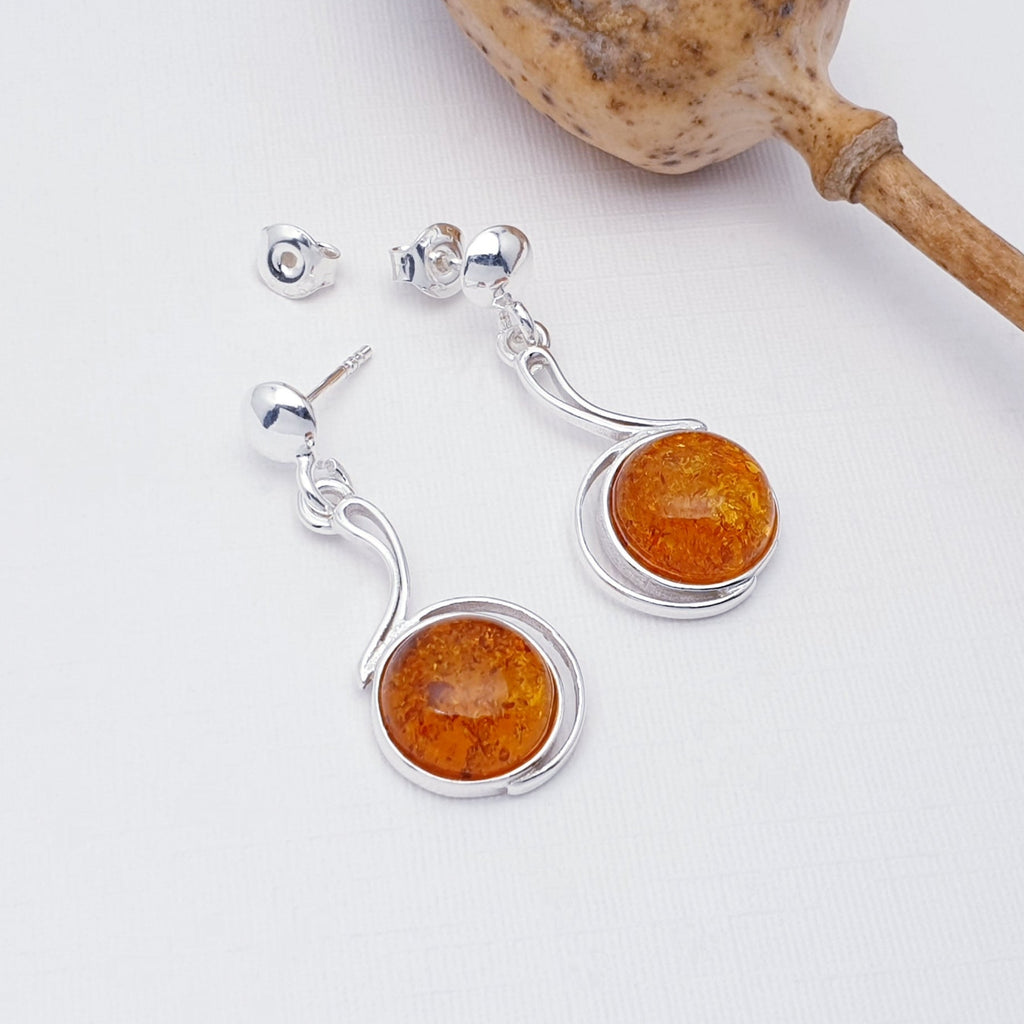 925 Argento Sterling & Ambra Baltica Classico Rotondo Orecchini