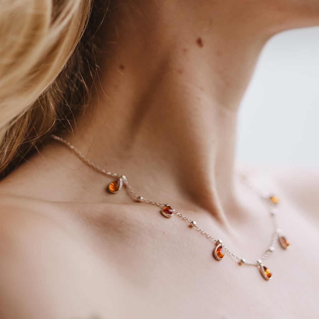 Toffee or Mixed Amber Sterling Silver Dewdrop Necklace