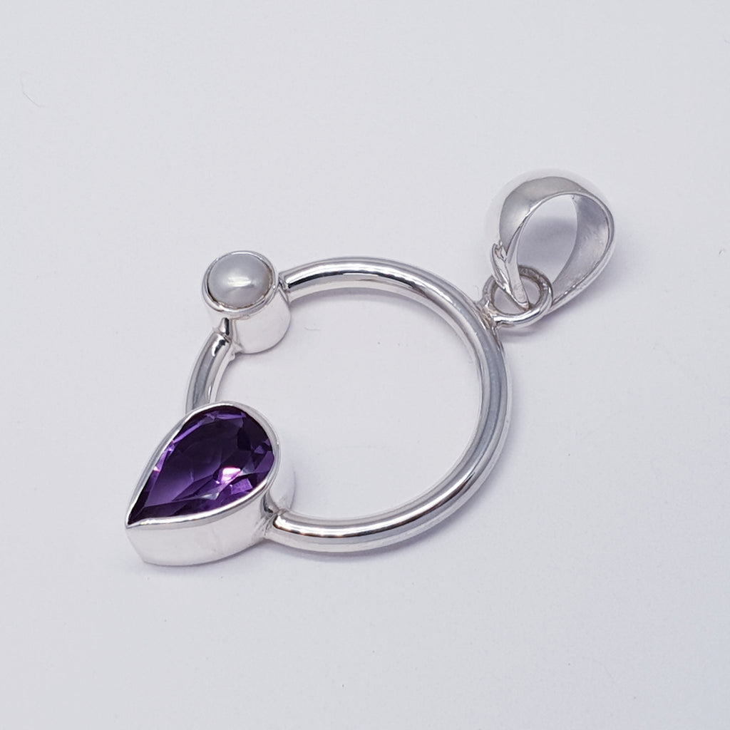 Amethyst and Pearl Sterling Silver Circle Pendant