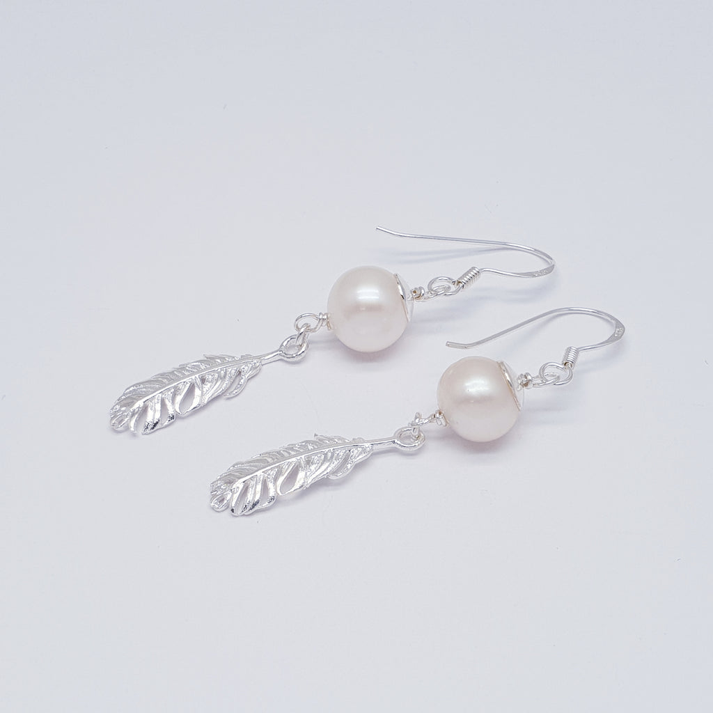 Pearl Sterling Silver Large Feather Earrings