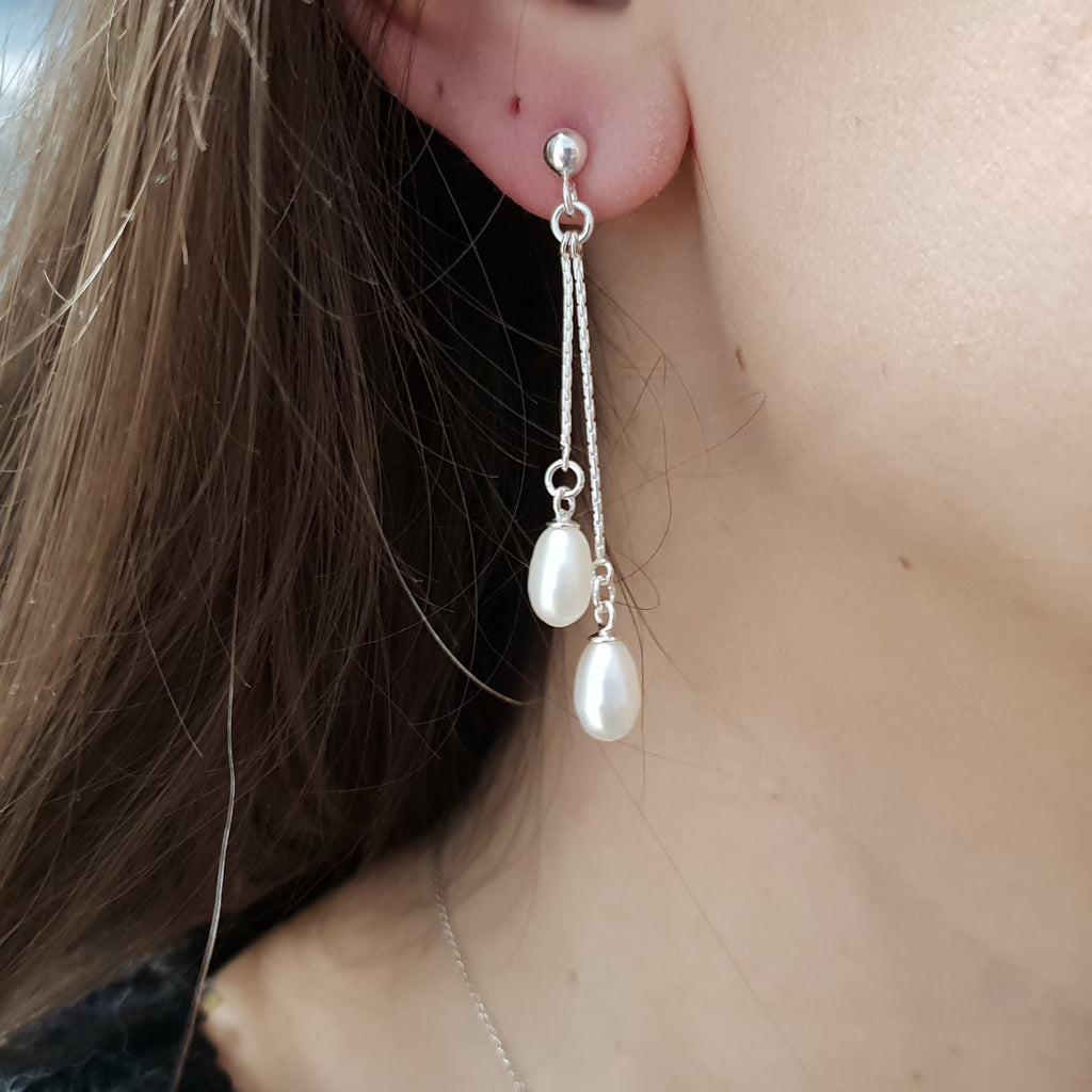 Pearl Sterling Silver Double Drop Stud Earrings