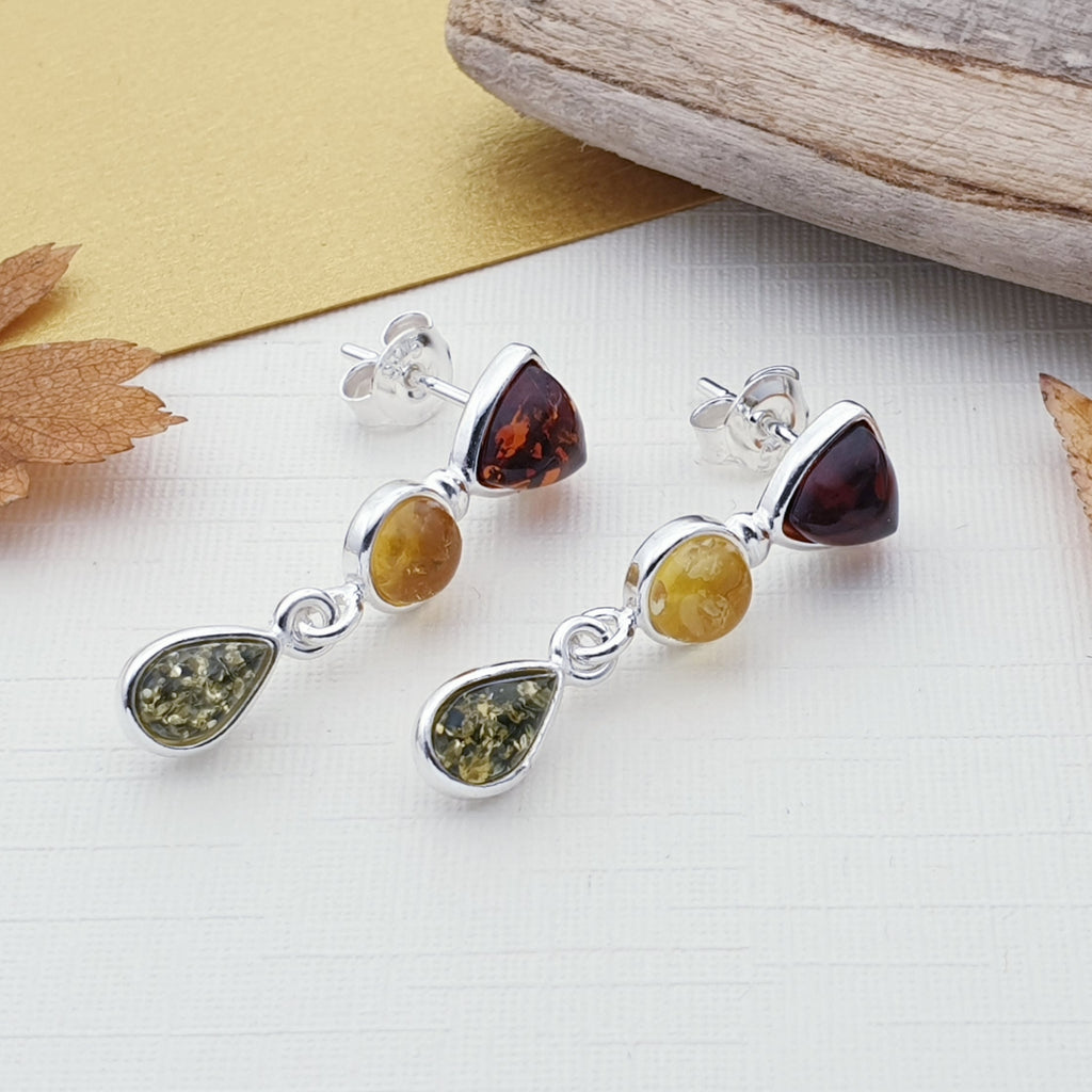  Mixed Amber Multi Shape Sterling Silver Drop Earrings with autmn foliage
