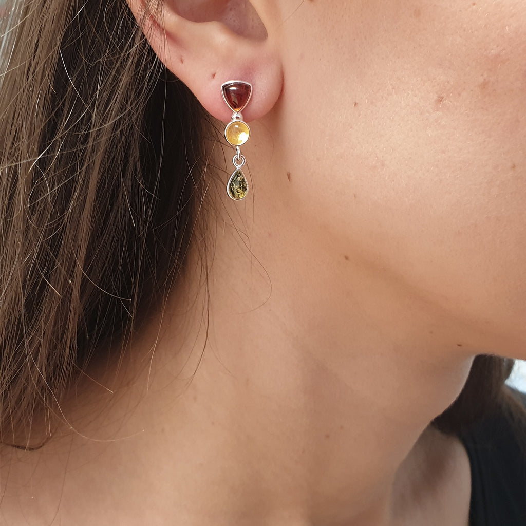  Mixed Amber Multi Shape Sterling Silver Drop Earrings on a model