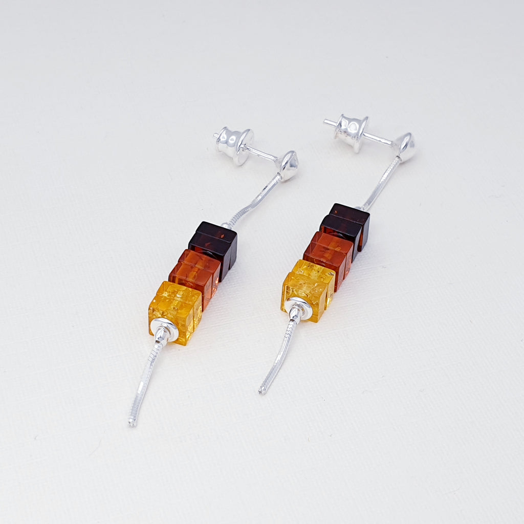 Amber Tricolour Cube Sterling Silver Earrings