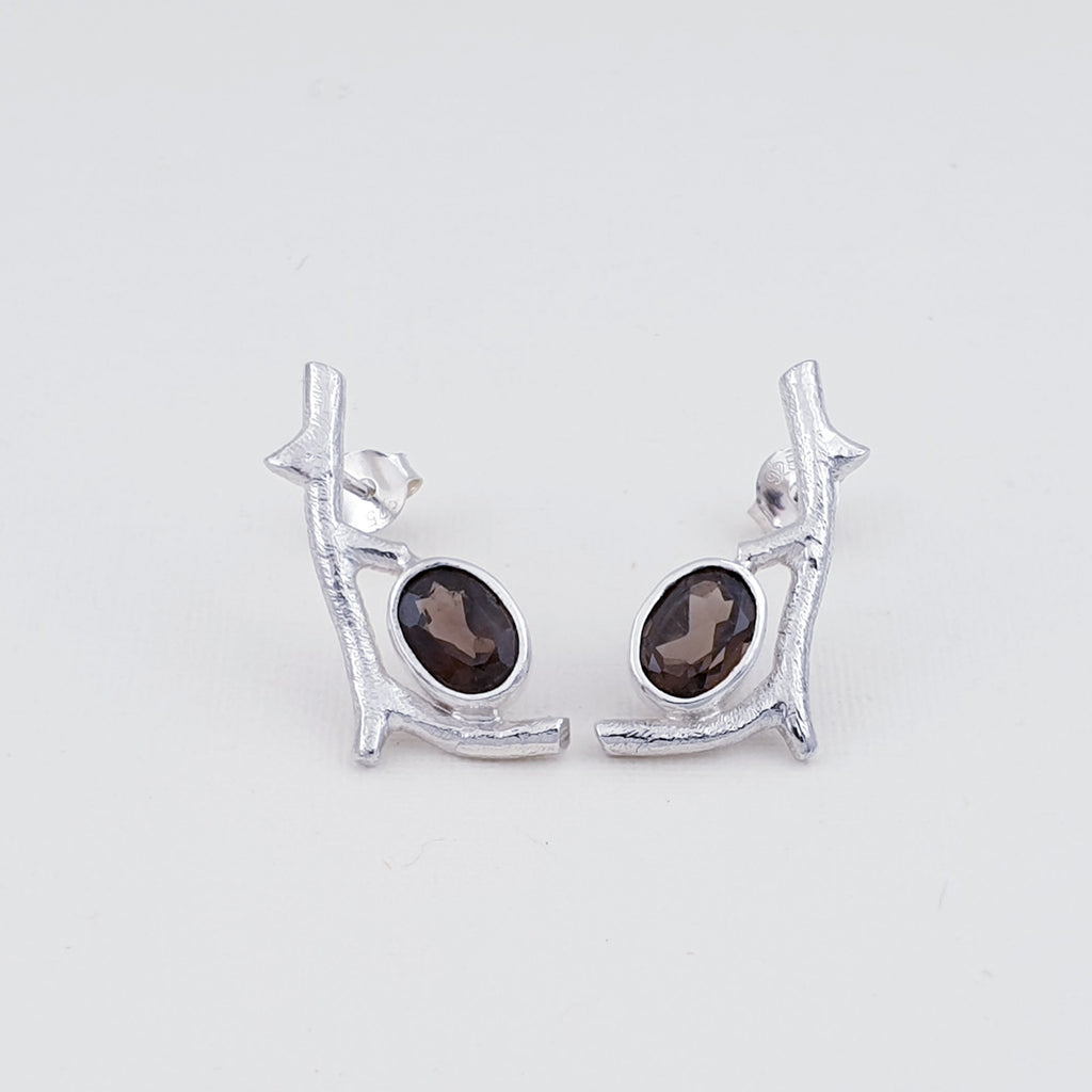 Smoky Quartz Sterling Silver Twig Stud Earrings
