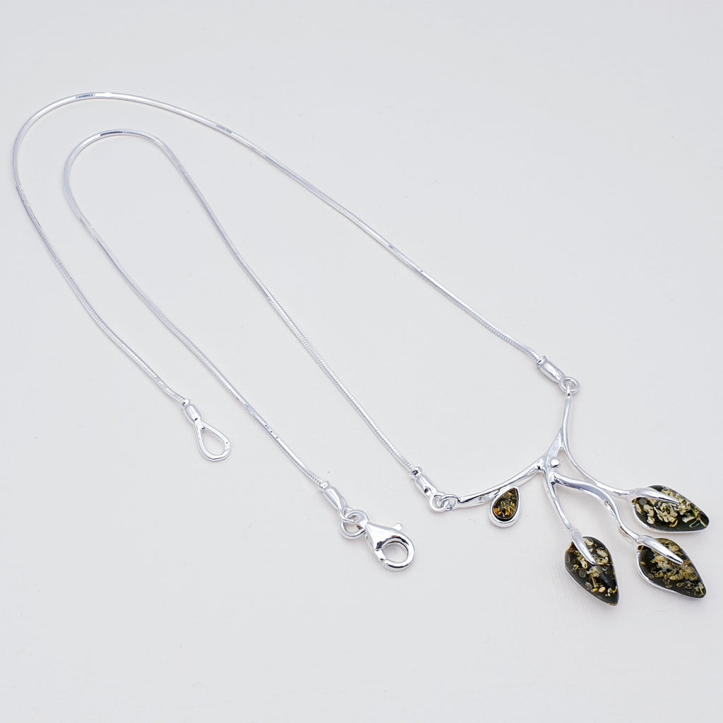Green or Toffee Amber Sterling Silver Leaf Necklace