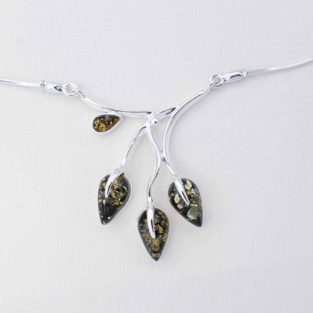 Green or Toffee Amber Sterling Silver Leaf Necklace