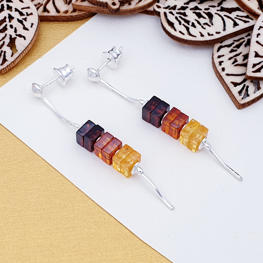 Amber Tricolour Cube Sterling Silver Earrings