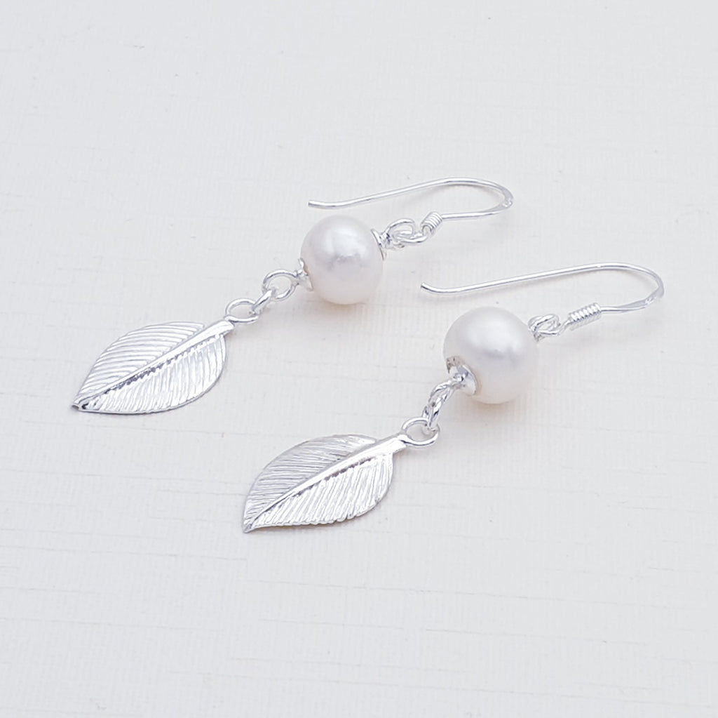 Pearl Sterling Silver Large Leaf Earrings