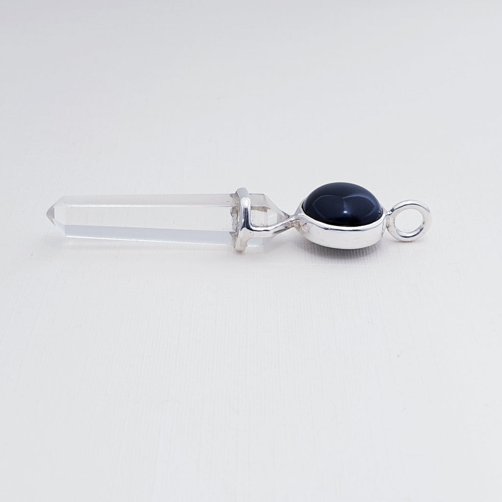 Onyx and Clear Quartz Sterling Silver Point Pendant