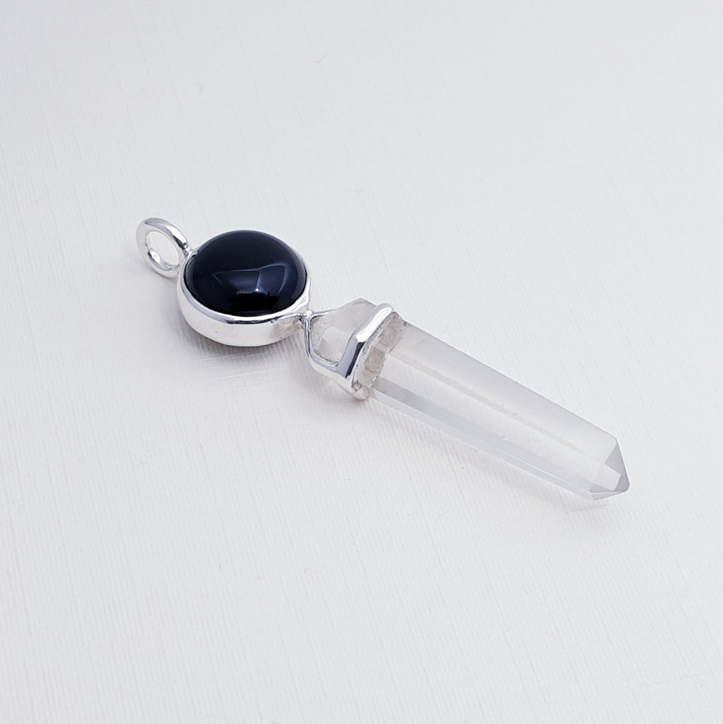 Onyx and Clear Quartz Sterling Silver Point Pendant