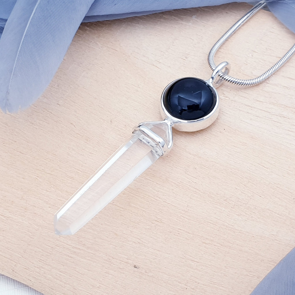 Onyx and Clear Quartz Sterling Silver Point Pendant