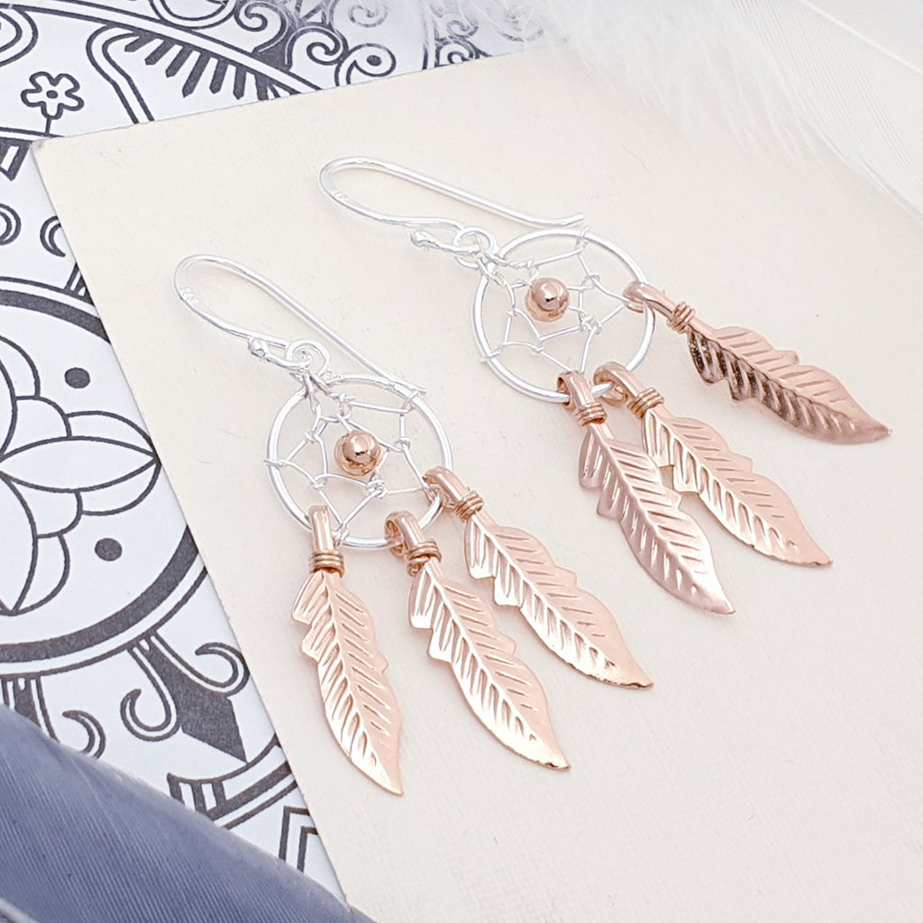 Rose Gold Plated Silver Dreamcatcher Earrings - Small