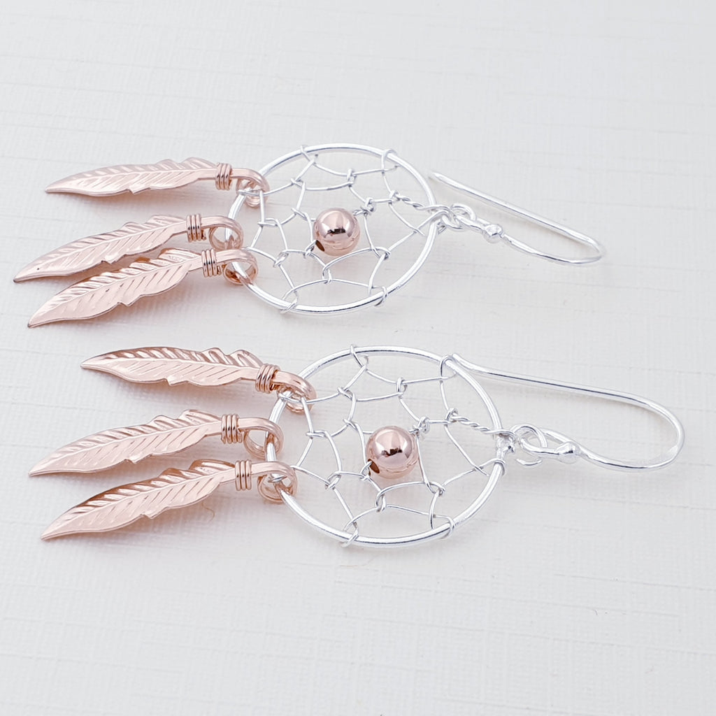 Rose Gold Plated Silver Dreamcatcher Earrings - Medium