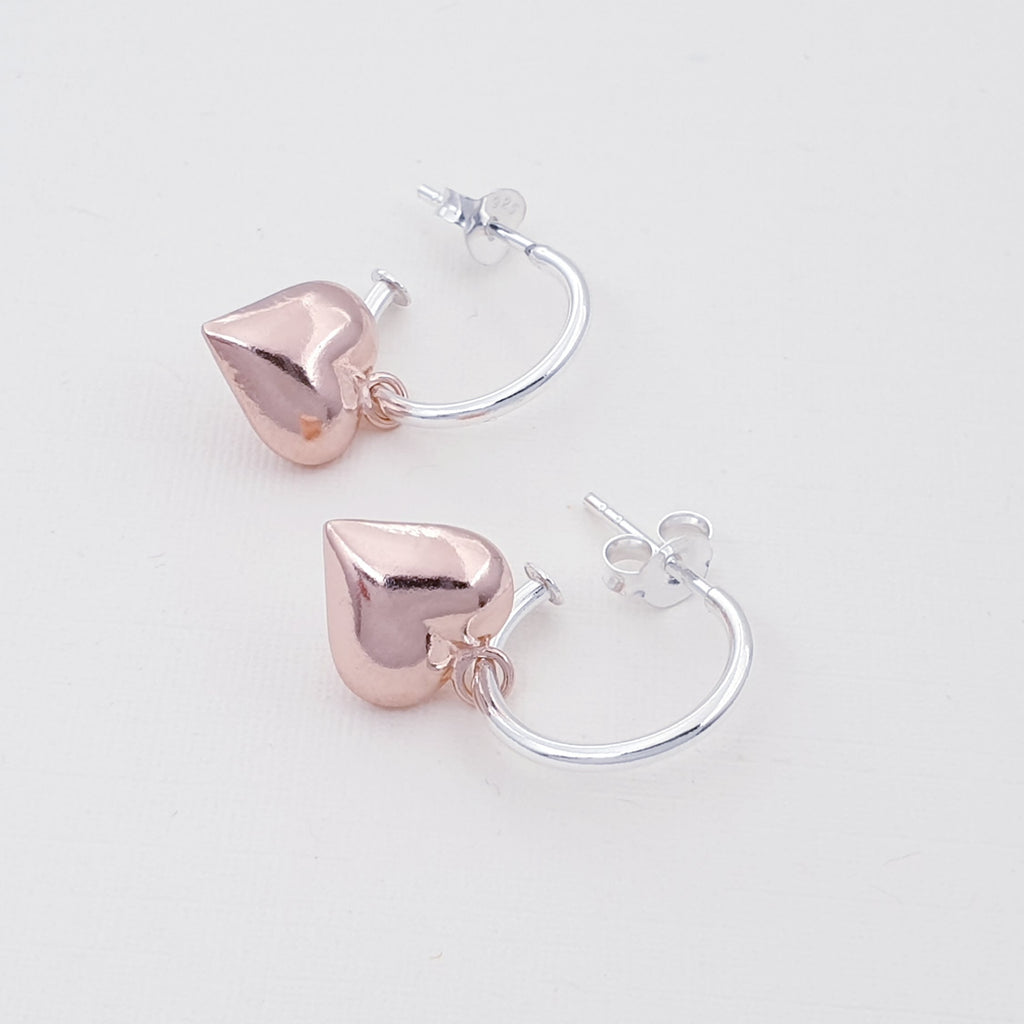 Rose Gold Plated Silver Heart Half Hoops