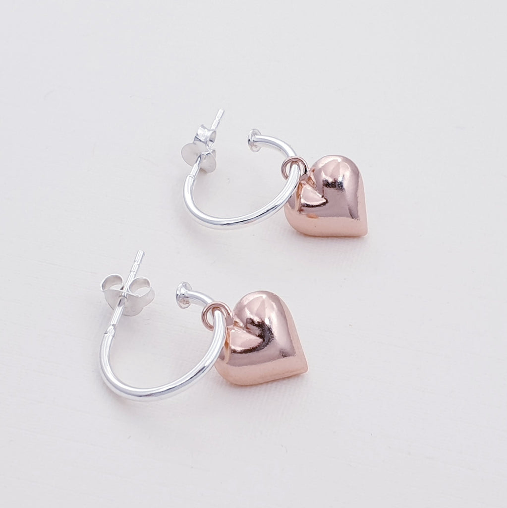 Rose Gold Plated Silver Heart Half Hoops