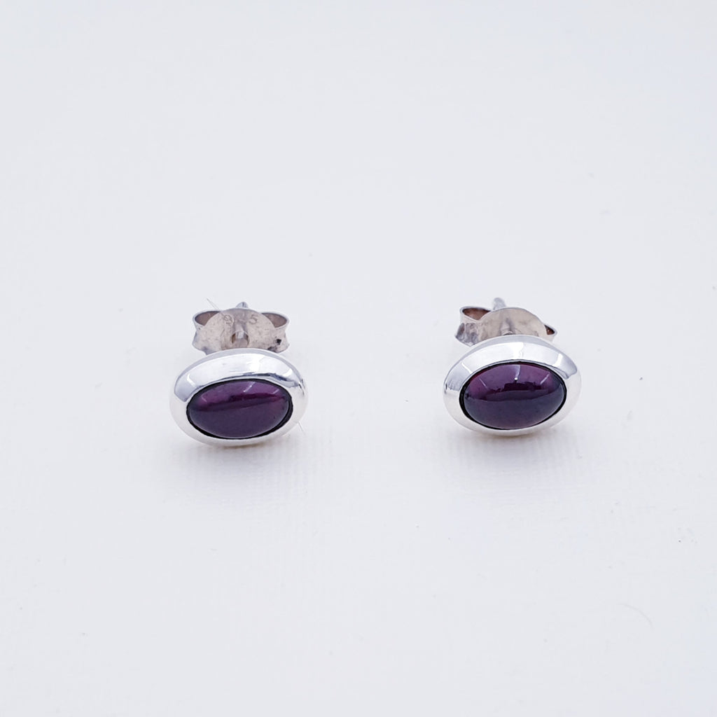 Garnet Sterling Silver Small Flat Oval Stud Earrings