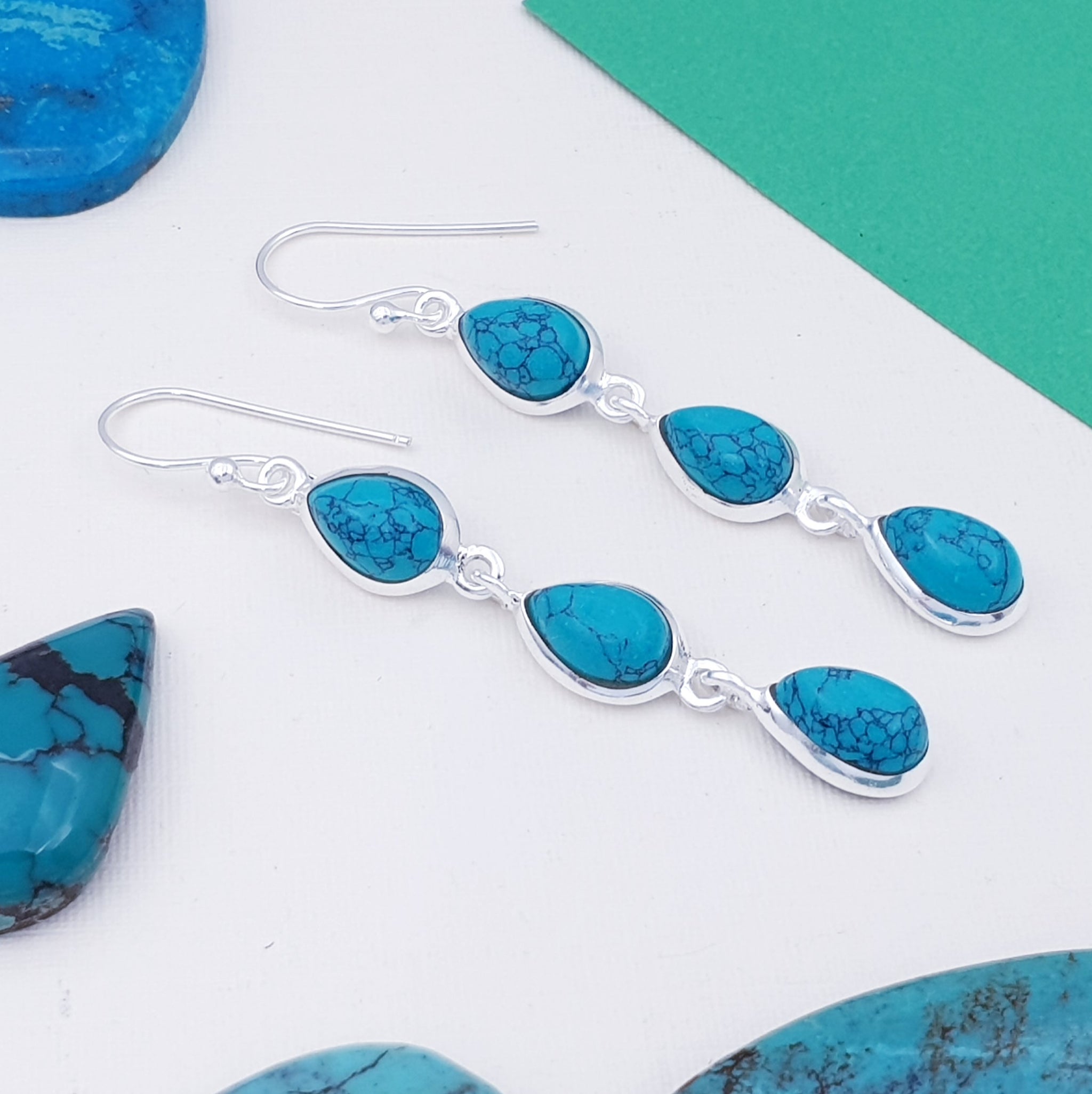 Handmade Santa Rosa Turquoise Earrings In 925 Sterling Silver - 1.85 Inch Drop Dangle Earrings