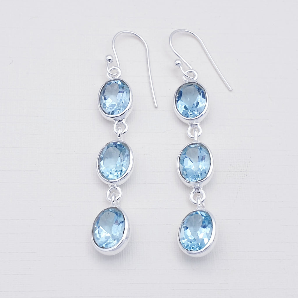 Blue Topaz Sterling Silver Triple Oval Earrings